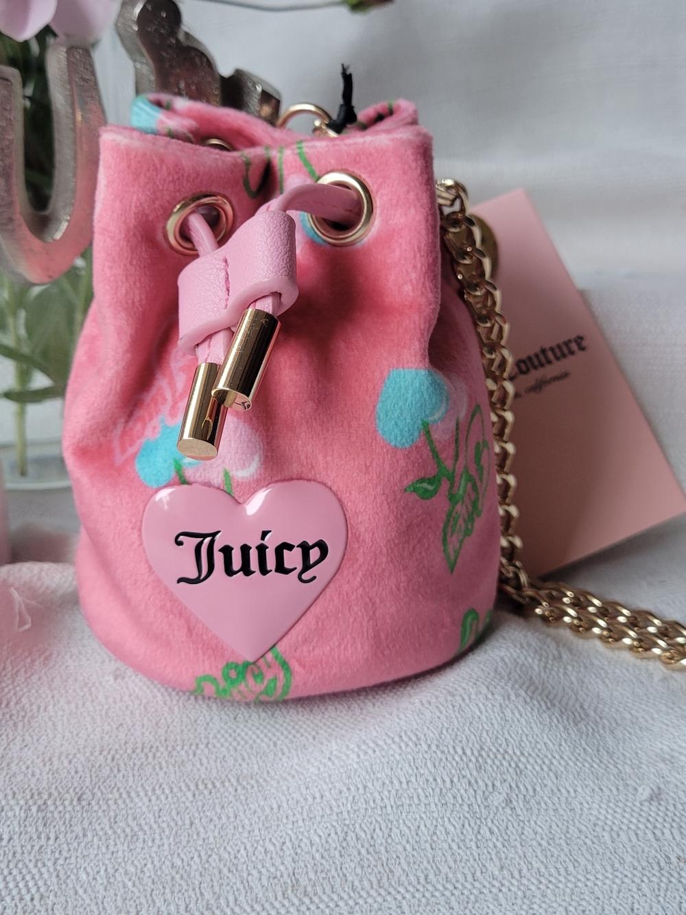 Juicy Couture Pink Velvet Mini Drawstring Bag with Gold Chain Wristlet